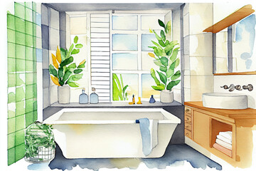 イメージ素材：モダンな浴室（洗面所）の水彩画イラストGenerative AI	 - obrazy, fototapety, plakaty