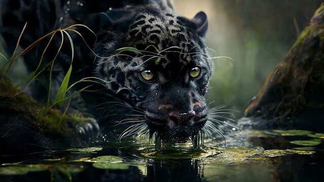 portrait of a black panthera while drinks from a puddle reflecting his image