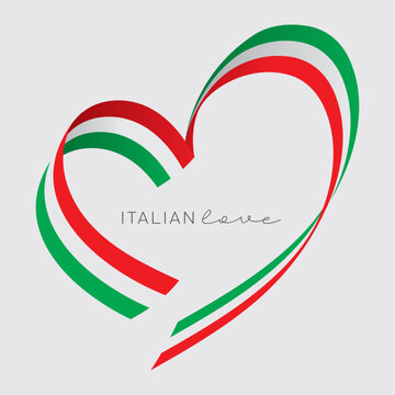 Italian flag heart shaped ribbon banner on a grey background. Text Italian love.
