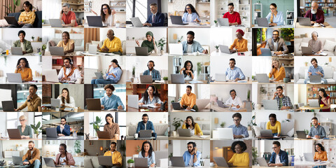 International group of people using computer, modern collage