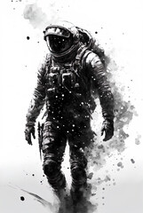 Astronaut in spacesuit, astronaut walking on an unexplored planet, black and white watercolor illustration isolated on white, generative ai - 579029062