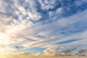 Panorama of a blue sunset sky with light clouds as a background or texture