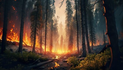 AI picture of burning fire in lush woods