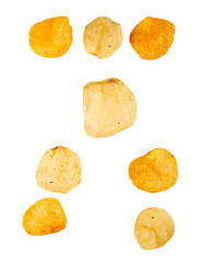 Kit of punctuation marks made of potato chips and isolated on transparent background. Food alphabet concept. Part of the set of potato chip font easy to stacking.