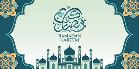 Islamic ornament template for background, banner, poster, cover design, envelope, social media feed. Ramadan Kareem and eid mubarak 2023 concept, blue background, muslim lantern, pattern