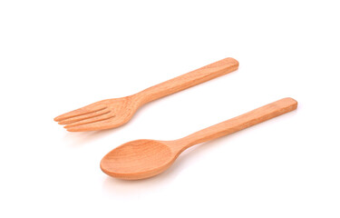Wooden spoon and fork on white background