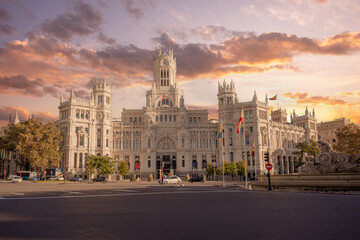 Fototapeta na wymiar Madrid Spain, sunrise city skyline at Cibeles Fountain Town Square