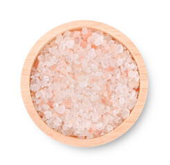 Himalayan Pink salt in wood bowl on white background