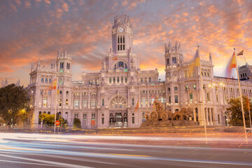 Fototapeta na wymiar Madrid Spain, sunrise city skyline at Cibeles Fountain Town Square