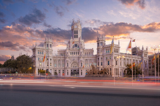 Madrid Spain, sunrise city skyline at Cibeles Fountain Town Square
