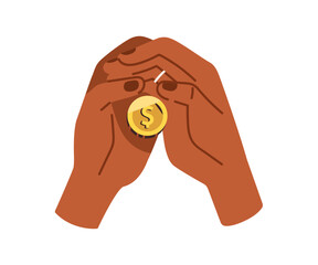 Saving money concept. Frugal thrifty hands holding, keeping dollar coin in palms. Financial economical concept. Finance, economy, frugality. Flat vector illustration isolated on white background