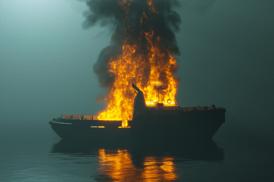 Tugboat on Fire in Foggy Maritime Catastrophe, Flames and Smoke. 3D Rendering