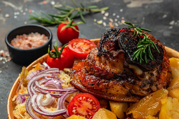 Baked pork leg with potatoes, Food recipe background. Close up