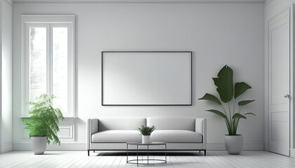 Frame mockup in a modern living room. Wall art framed canvas poster mockup. Interior design for living room. Generative AI
