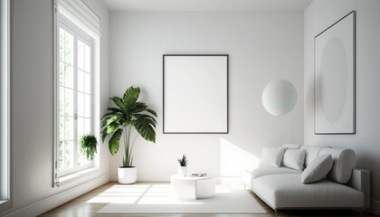 Obraz na płótnie Canvas Frame mockup in a modern living room. Wall art framed canvas poster mockup. Interior design for living room. Generative AI