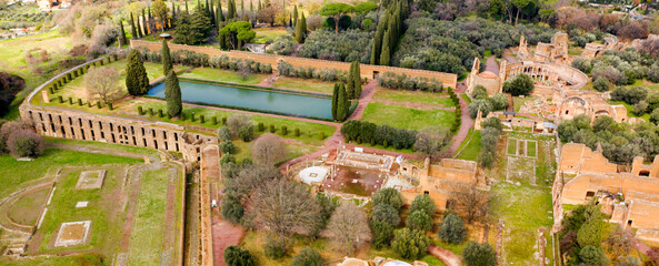Aerial view of Hadrian's Villa at Tivoli, near Rome, Italy. Villa Adriana is a World Heritage...