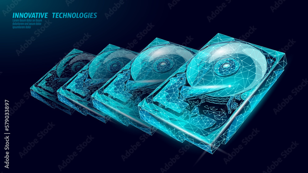 Poster hdd hard disk drive file hardware. 3d low poly information storage record system it technology compu