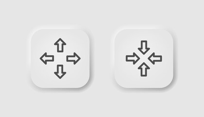 Fototapeta premium Expand button in neumorphism style. Icons for business, white UI, UX. Four directions symbol. Arrow, right, up, down, left, decrease, cross, enlarge. Neumorphic, line style. Vector illustration.
