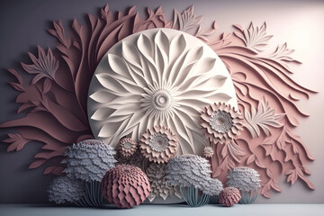 Background. Paper pink and white flower decorations on the wall. AI generative.