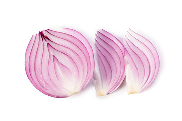 Pieces of red onion on white background