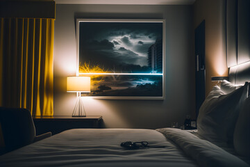 modern hotel room with illuminated pictures