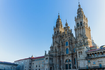 View of the cathedral of Santiago de Compostela in the province of A Coruna, in Galicia, Spain.