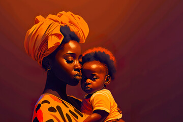 AI illustration of a sad African mother and her small child