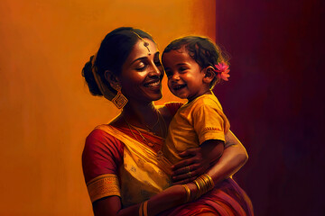 Ai illustration of a happy Indian mother and her child