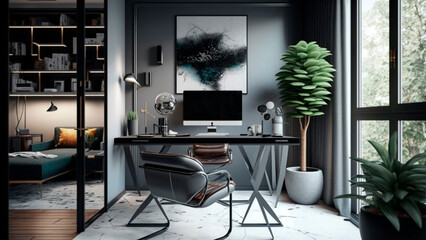 A modern home office setup with a sleek desk and chair, surrounded by minimalist decor and ample natural light, generative ai