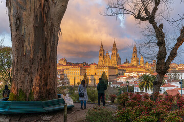 View of the cathedral of Santiago de Compostela from the Alameda park at sunset, in Galicia, Spain