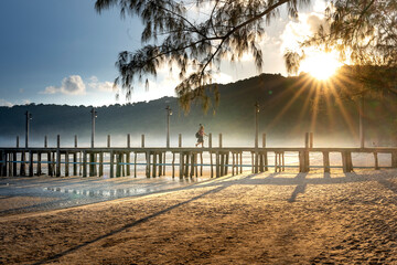 Dawn on Pier on the beach of Koh Rong Samloem island in Cambodia in paradise island Villa Koh Rong...