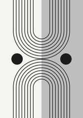 Abstract geometric minimalist artwork. Mid century modern and Bauhaus inspired retro poster with an arch and circle. Modern trendy black and white wall art with simple shapes.