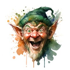 Watercolor portrait of happy excited leprechaun, generative ai illustration