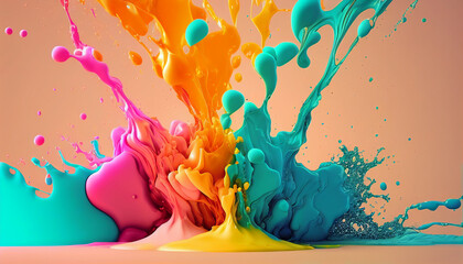 flying liquid, an explosion of colors on a yellow background, multi-colored drops, AI generated 