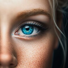 woman beautiful blue eyes, close up, professional makeup, model, eye model, just eyes, extra zoom girl sea blonde tress look Generative AI