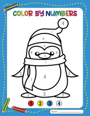 Penguin Cartoon. Christmas color by number for kids. Activity Book.
