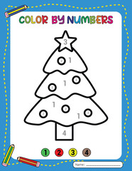 Christmas Tree Cartoon. Christmas color by number for kids. Activity Book.
