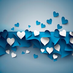 love background with long horizontal border made of beautiful falling blue colored paper hearts isolated on background. Happy or Valentines vector illustration blue heart Generative AI 