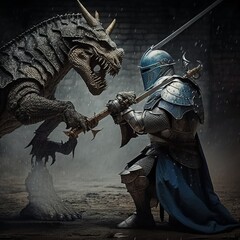 knight fights heroic fight against an angry dragon with a sword, in full armor one against triceratops t-rex dinosaurus giant sharp scales hit  impossible is nothing struggle Generative AI 