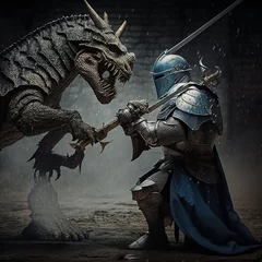 Cercles muraux Dinosaures knight fights heroic fight against an angry dragon with a sword, in full armor one against triceratops t-rex dinosaurus giant sharp scales hit  impossible is nothing struggle Generative AI 