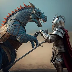Tableaux ronds sur aluminium Dinosaures knight fights heroic fight against an angry dragon with a sword, in full armor one against triceratops t-rex dinosaurus giant sharp scales hit  impossible is nothing struggle Generative AI 