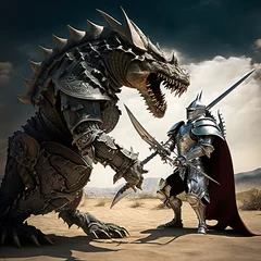 Foto auf Acrylglas Dinosaurier knight fights heroic fight against an angry dragon with a sword, in full armor one against triceratops t-rex dinosaurus giant sharp scales hit  impossible is nothing struggle Generative AI 