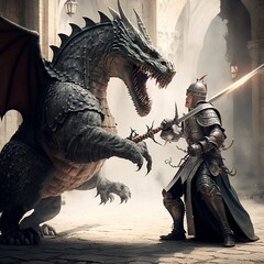 knight fights heroic fight against an angry dragon with a sword, in full armor one against triceratops t-rex dinosaurus giant sharp scales hit  impossible is nothing struggle Generative AI 