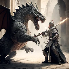 Fototapete Dinosaurier knight fights heroic fight against an angry dragon with a sword, in full armor one against triceratops t-rex dinosaurus giant sharp scales hit  impossible is nothing struggle Generative AI 