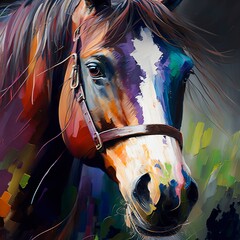 Oil horse portrait painting in multicolored tones. Closeup of a painting by oil and palette knife on canvas with a mane face head brown saddled up Generative AI 