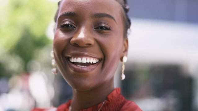 Black woman face, smile and closeup of a young person from Nigeria with happiness outdoor. Portrait, happy and relax African female feeling freedom from holiday in summer with blurred background