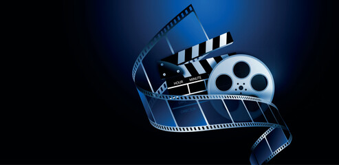 sfondo, ciak cinema, bobina con pellicola cinema su sfondo blu - obrazy, fototapety, plakaty
