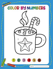A green mug of hot chocolate with marshmallows and candy. Christmas color by number for kids. Activity Book.

