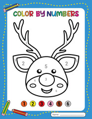 Christmas cute reindeer cartoon. Christmas coloring page for kids. Activity Book. Christmas color by number for kids. Activity Book.
