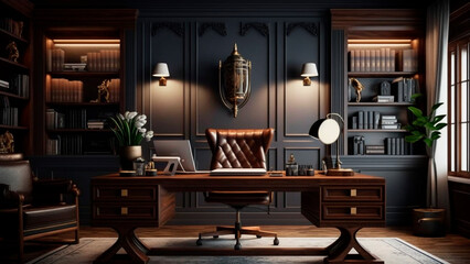 A home office rustic with a large executive desk and a comfortable leather chair, decorated with antique accessories, generative ai